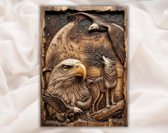 Archivo de panel de tallado de madera para enrutador CNC con diseño de águila y lobo en relieve 3D, vida silvestre, bajorrelieve con escena lunar de águila calva, decoración rústica de cabaña
