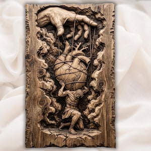 May include: A carved wooden relief sculpture depicting a hand manipulating a heart held by a kneeling figure. The heart is bound with string. The artwork is in shades of brown and tan, with detailed textures.