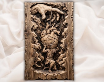 Atlas STL | Puppet Master Relief | Mythology Wall Decor | Dramatic Wood Carving | Surreal Art Plaque | Statement Panel File