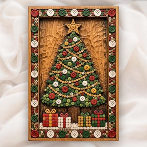 May include: A rectangular wooden wall art piece featuring a carved Christmas tree design made of numerous small green, red, white, and yellow buttons. The frame is bordered by larger buttons, and four gift boxes sit at the base of the tree.