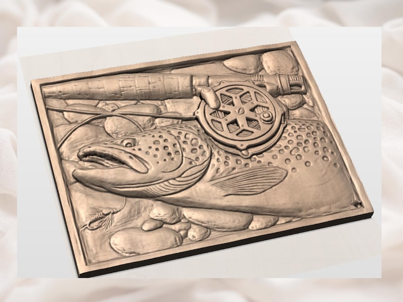 May include: A detailed relief carving of a trout, fishing rod, and reel. The artwork is in a rectangular frame, with the fish and equipment rendered in a naturalistic style. The colour is a warm, earthy brown.