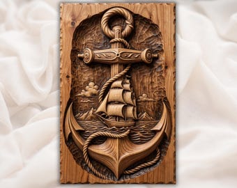 Nautical Anchor Ship 3D Relief STL for CNC Router | Sailboat Anchor Wood Carving Panel | Coastal Wall Art |Maritime Rope Anchor Wall Plaque