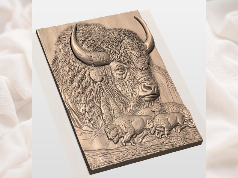 May include: A detailed wooden carving of a bison with large horns, intricate fur texture, and Native American-inspired adornments. The carving depicts a bison head and a herd of bison in the background, showcasing a rustic, natural theme.