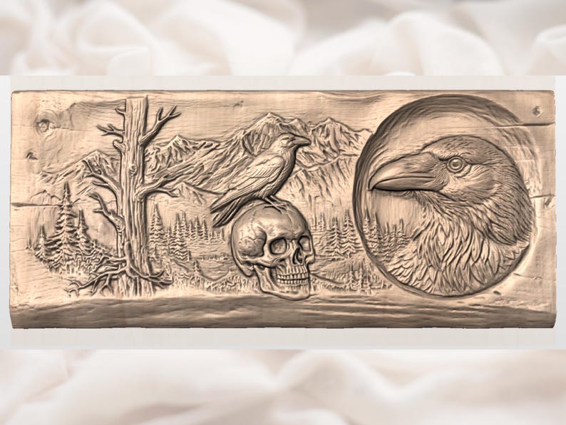 May include: A detailed wood carving depicting a raven perched on a skull, with a mountain landscape and a raven's head in a circular frame. The artwork is in shades of brown, showcasing a gothic or nature theme.