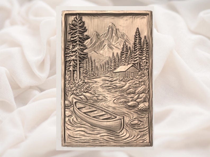 May include: A rectangular relief carving showing a mountain landscape with a river, canoe, cabin, and pine trees. The artwork is in a warm, earthy tone, suggesting a rustic or natural theme. The carving is likely made of wood.