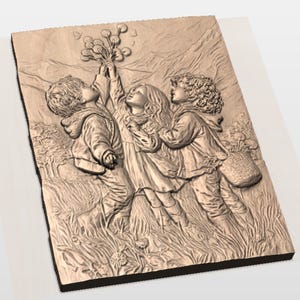 Children Picking Flowers 3D Relief STL File view 2