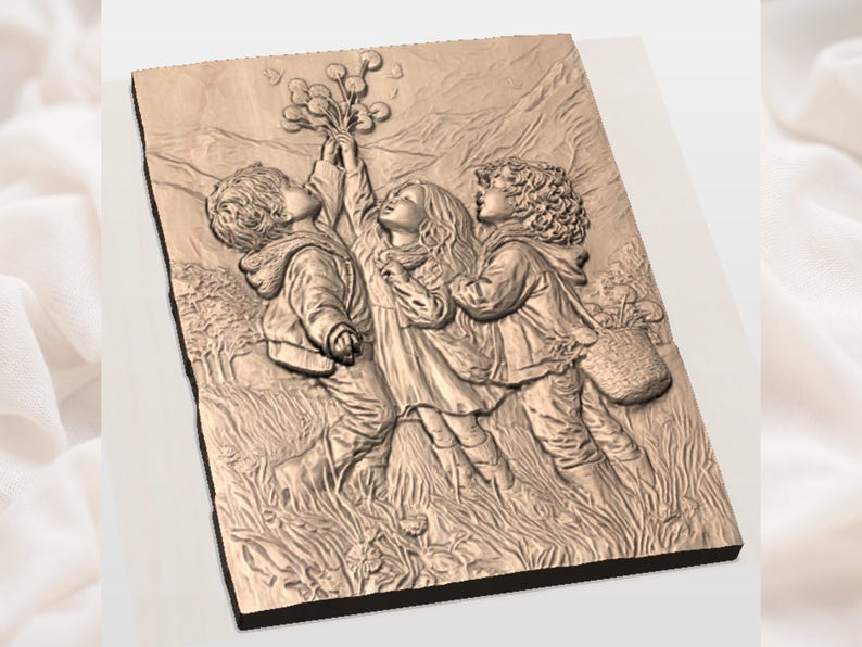 May include: A wooden relief carving depicts three children reaching for flowers. The children are dressed in vintage clothing, set against a backdrop of a field and mountains. The artwork is a warm, natural wood tone.