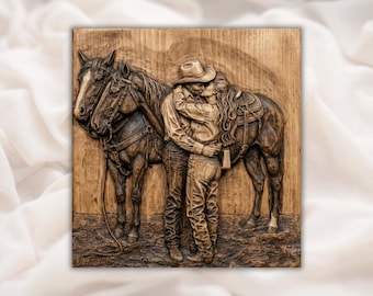 Cowboy Couple Kissing 3D Relief STL | Western Romance with Horses Wall Panel | CNC Router Carving File, 3D Print, Laser Engrave | Home Decor