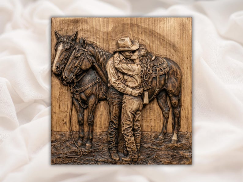 Cowboy Couple Kissing 3D Relief STL