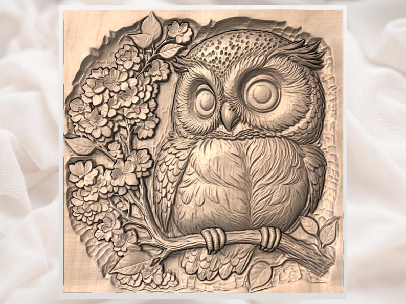 Owl Blossom STL | Spring Bird Relief | Floral Branch Decor | Cherry Blossom Carving | Woodland Wall Art | Nature Plaque File image 3