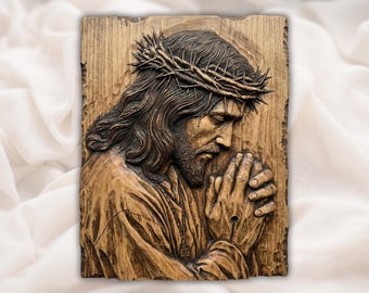 Praying Jesus Relief STL | CNC Router 3D Carving Model | Christ Prayer Crown of Thorns Wood Grain Bas Relief Panel | Christian Wall Art