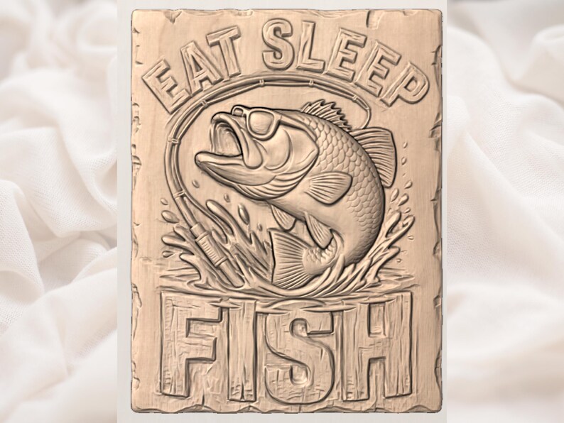 Funny Fishing Bass STL | Eat Sleep Fish Carving Relief | CNC Design Angler Wall Art | Largemouth Fish Splash Plaque | Man Cave Lodge Decor image 2