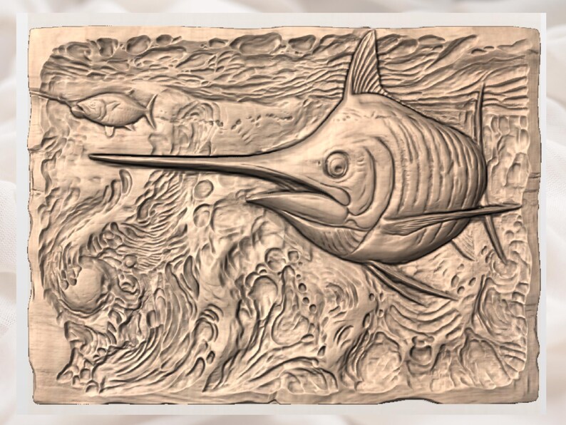 May include: A detailed relief carving of a marlin fish swimming in the ocean. The artwork is rendered in shades of brown, with the fish's long bill and dorsal fin prominently displayed. The carving depicts the fish and other fish swimming in the water.