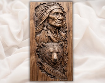 Tribal Chief STL | Bear Companion Relief | Rustic Lodge Wall Decor | Feather Headdress Art | Wood Carving Design | Warrior Plaque File