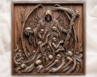 Grim Reaper Souls Harvesting Gothic Panel CNC Relief STL | Macabre Wood Carving Design | Dark Angel Memento Mori Wall Art | Aspire VCarve