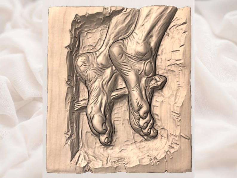May include: A carved wooden relief sculpture depicting two feet. The feet are detailed with visible toes, arches, and skin texture. The carving is set within a rectangular frame, showcasing the artistry of the piece.