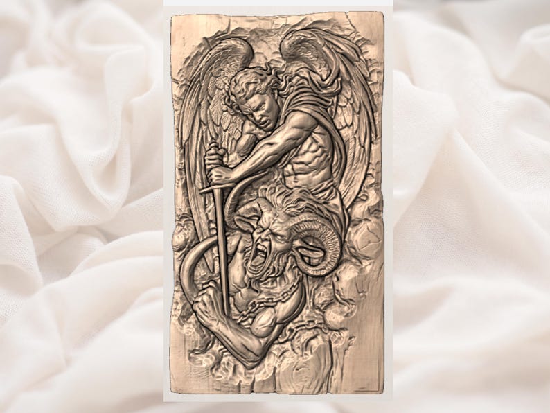 May include: A detailed relief carving depicts an angel with large wings, holding a sword over a horned demon. The figures are intricately carved in a light brown tone, with chains and detailed musculature. The artwork is set against a neutral background.
