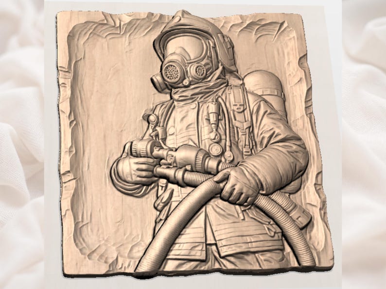May include: A detailed relief carving of a firefighter in full gear, including a helmet, gas mask, and oxygen tank. The firefighter is holding a hose, and the carving is set on a rectangular, textured background. The color is a light brown.