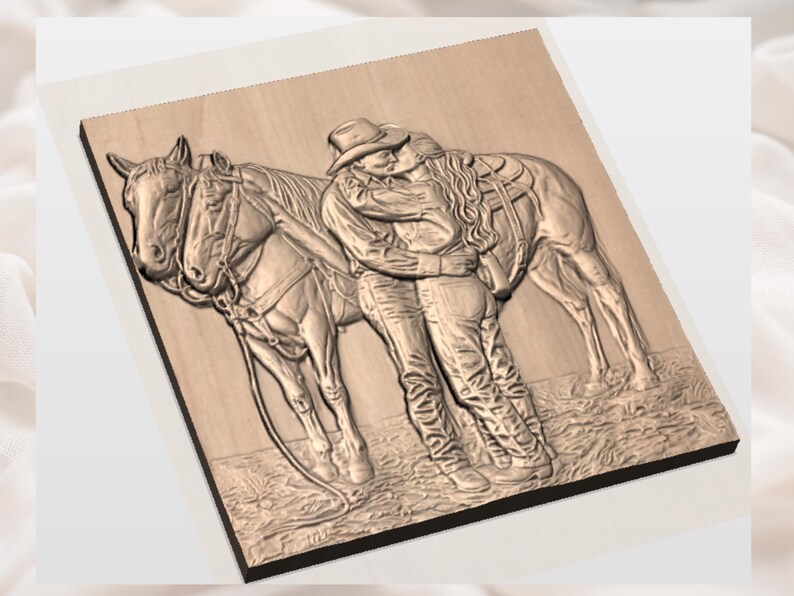 May include: A wooden relief carving depicts a couple embracing near a horse. The man wears a cowboy hat and shirt, while the woman has long hair. The horse is saddled and bridled. The artwork is in shades of brown and tan, suggesting a rustic theme.
