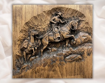 Cowboy Horse Riding 3D Relief STL File | Western Ranch Scene Wood Grain CNC Carving | Rodeo Wall Art Panel | 3D Print & Laser Engraving