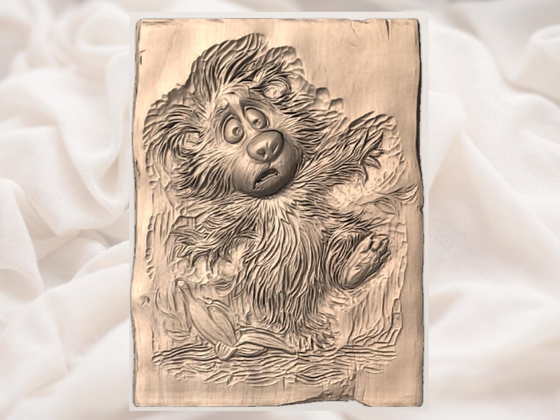 May include: A carved wooden plaque featuring a cartoon lion with a surprised expression. The lion has a large nose, wide eyes, and a fluffy mane. The plaque is rectangular with a rough, textured edge.
