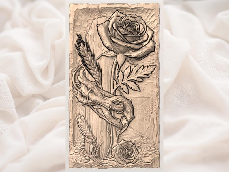 Gothic Rose Cross STL | Crown of Thorns Wood Relief | Christian Black Rose Cross STL | Rustic Faith Memorial Wall Plaque image 3