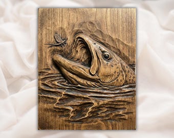 Forelle aufsteigend 3D Relief STL | Fliegenfischen Strike Scene Panel | CNC-Fräser-Schnitzdatei, 3D-Druck, Lasergravur | Digitaler Download