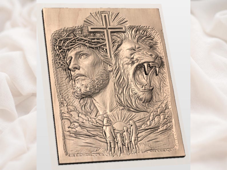 May include: A wooden relief carving depicting Jesus wearing a crown of thorns and a roaring lion. A cross is above the head of Jesus. The bottom of the carving shows a family and a sunrise.