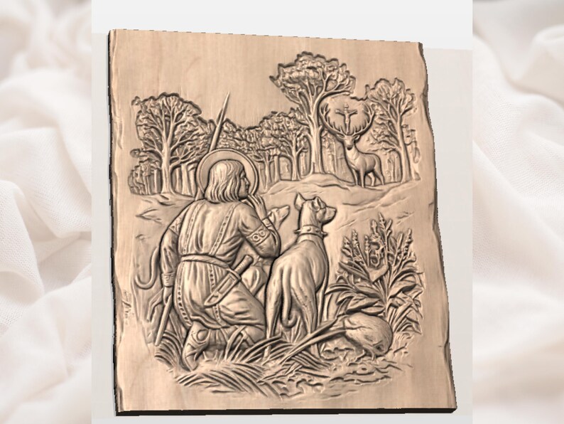 Saint Hubertus Vision 3D Relief STL | Patron Saint of Hunters CNC Router Wood Carving File | Christian Hunting Scene Bas-Relief image 2