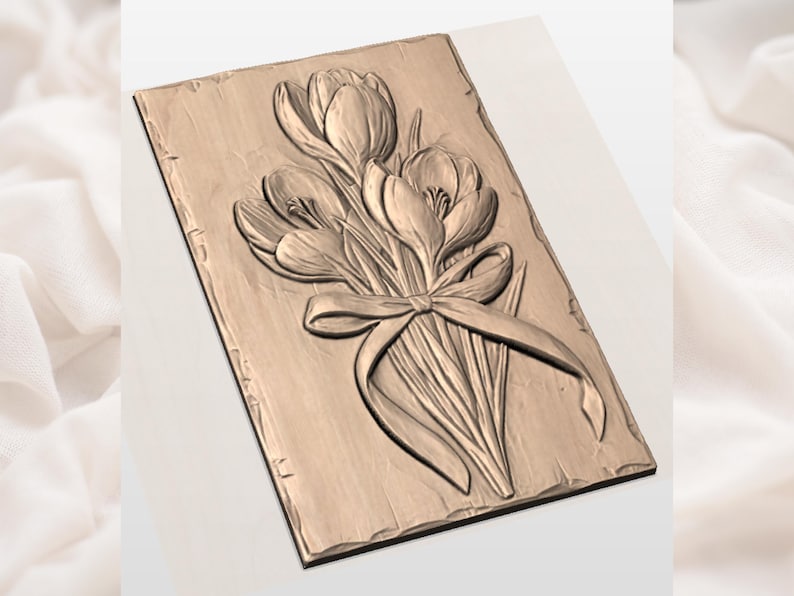 CNC bas-relief wood carving of three crocus flowers tied with a yellow ribbon. The bouquet is carved into a rustic wooden plaque with natural grain and textured, chiseled edges. The flowers display detailed petals and stamens in soft earth tones with muted yellow highlights.