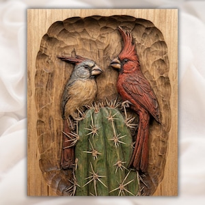 Cardinal Birds Wood Carving STL File view 1