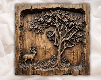 Relevo 3D de Veado Caçador com Arco em STL | Painel de Arte de Parede com Cena de Caça com Arco e Flecha em Árvore | Decoração Rústica para Cabana/Chalé | Decoração para Casa