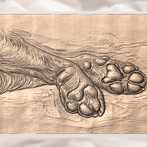 May include: A detailed wooden carving of a dog's paw pads and fur. The artwork is in a natural wood tone, showcasing the texture of the fur and the pads' shape. The image is framed with a white border.