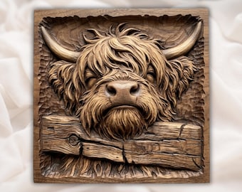 ハイランド牛のレリーフ（STL）｜素朴な農家風ウォールアート｜毛むくじゃらの雄牛の飾り板｜田舎風納屋の動物装飾｜手彫りの木目調｜ホームデコレーション