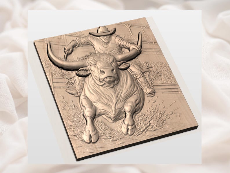 May include: A wooden relief carving depicts a cowboy riding a bucking bull. The cowboy wears a hat and holds a rope, while the bull is mid-jump. The carving is in shades of brown and tan, with detailed textures.