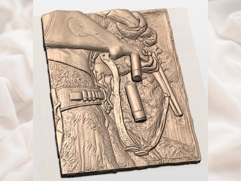 May include: A detailed bronze relief sculpture depicting a figure holding a rifle and ammunition. The artwork features a belt with bullets and a textured background, showcasing a rustic, historical theme.