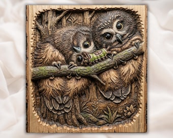 Cute Owls 3D STL Relief Panel | Sculpted Wood Grain CNC Router File | Owl Family Bas Relief Wall Art for 3D Printing  | Woodland Decor