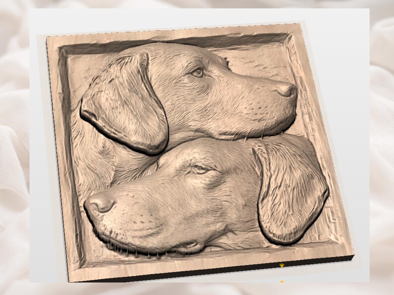 May include: A wooden relief carving featuring two dog profiles, likely a Labrador or similar breed. The dogs are depicted in a detailed, three-dimensional style, with visible fur texture and facial features. The carving is set within a rectangular frame.