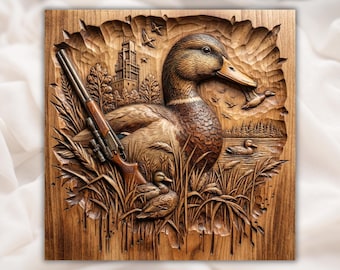 Mallard Duck Marsh Relief STL | Waterfowl CNC 3D Carving Model | Lake Scene Wood Grain Bas Relief Panel | Rustic Cabin Wall Art