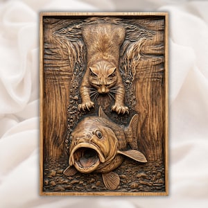 Cat Fishing 3D Relief STL view 1