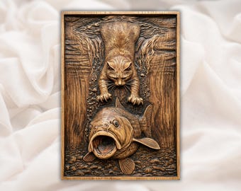 Cat Fishing 3D Relief STL | Funny Cat Catching Fish Panel | CNC Router Carving File, Aspire, VCarve Pro, Carveco, Fusion 360, ArtCAM