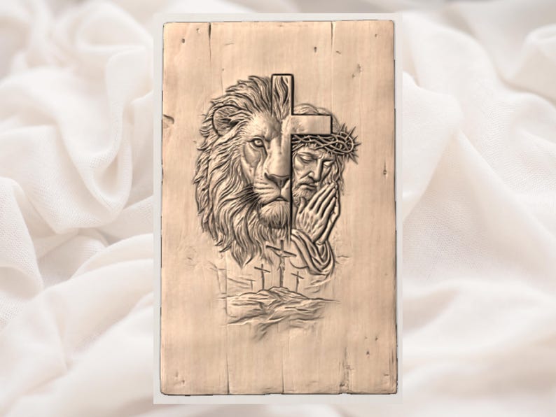 May include: A wooden plaque with a carved relief design. The image is split, showing a lion's head on the left and the face of Jesus with a crown of thorns on the right. Three crosses are depicted below.