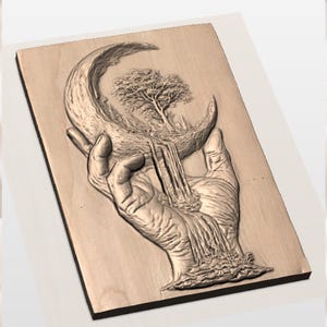 Hand Holding Moon Waterfall 3D Relief STL view 2