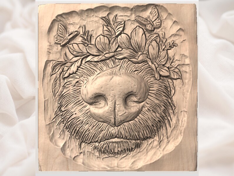 May include: A detailed wood carving of a dog's face, featuring a prominent nose and a floral crown with butterflies. The carving is in shades of brown and beige, showcasing intricate textures and details.