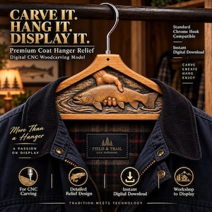 May include: A wooden coat hanger featuring a detailed relief carving of a hand holding a trout. The hanger includes text: CARVE IT. HANG IT. DISPLAY IT. Premium Coat Hanger Relief, Digital CNC Woodcarving Model, Field & Trail Live Outdoors.
