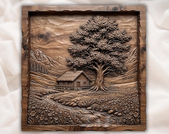 Krajobraz górski w kabinie, 3D, STL, do frezarki CNC | Panel z rzeźbioną rzeką i drzewem | Rustykalna sztuka ścienna | Wystrój domku letniskowego