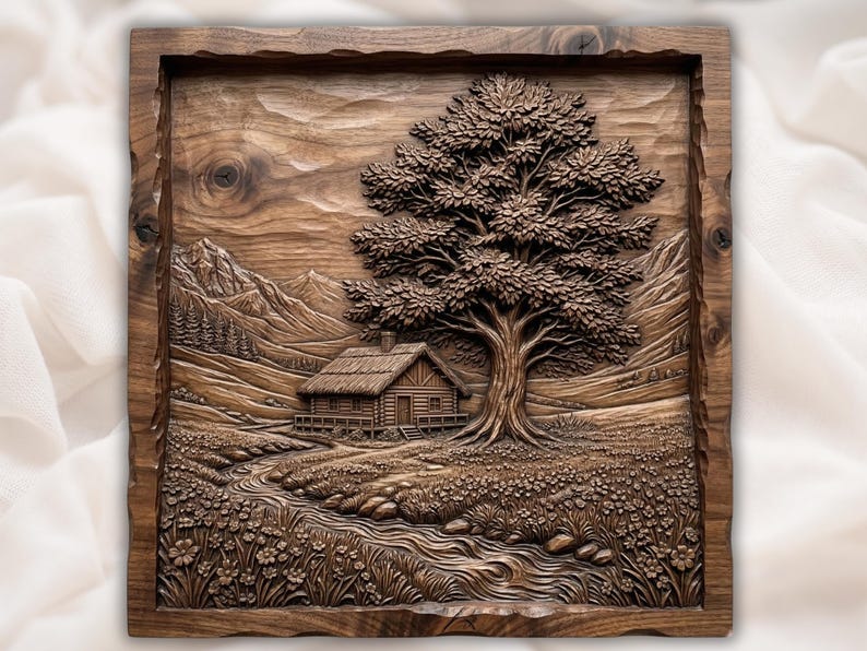 Cabin Mountain Landscape 3D Relief STL for CNC Router