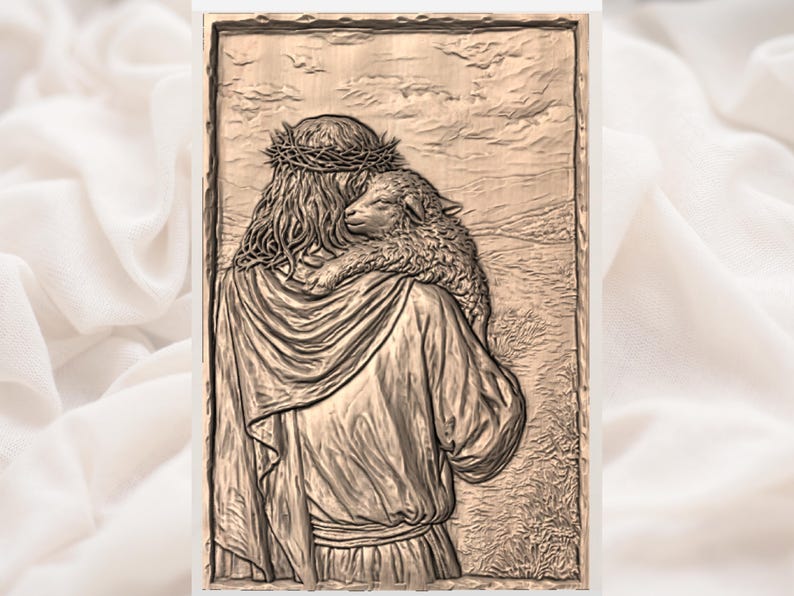 May include: A detailed relief carving depicts a figure with long hair wearing a crown of thorns, cradling a lamb. The artwork is rendered in shades of brown, with textured details suggesting fabric and fur. The background shows a landscape with clouds.