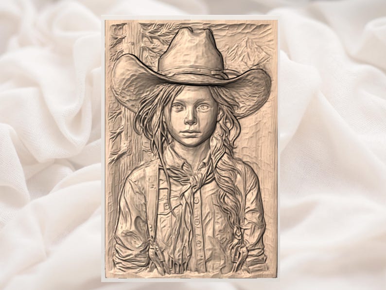 May include: A detailed wood carving of a young person wearing a cowboy hat and a button-down shirt. The carving has a rustic, textured appearance, with visible wood grain and intricate details in the face, hair, and clothing. The background includes stylized tree elements.