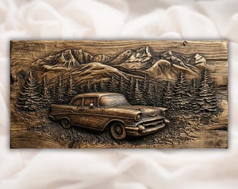 Classic Car Mountain 3D Relief STL | CNC Router Wood Carving File | Vintage Retro Car Landscape Wall Art Panel | Rustic Cabin Decor